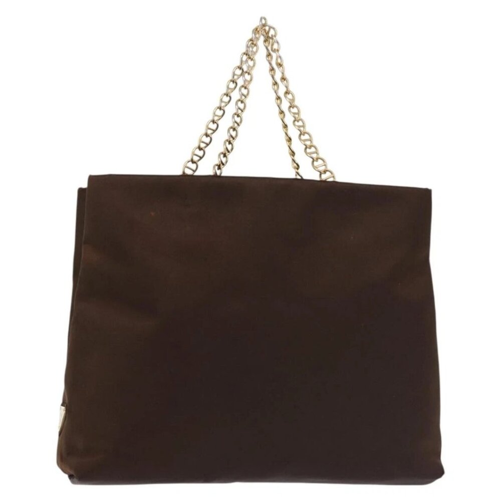 PRADA Chain Hand Bag Satin Brown Gold Auth SW1527